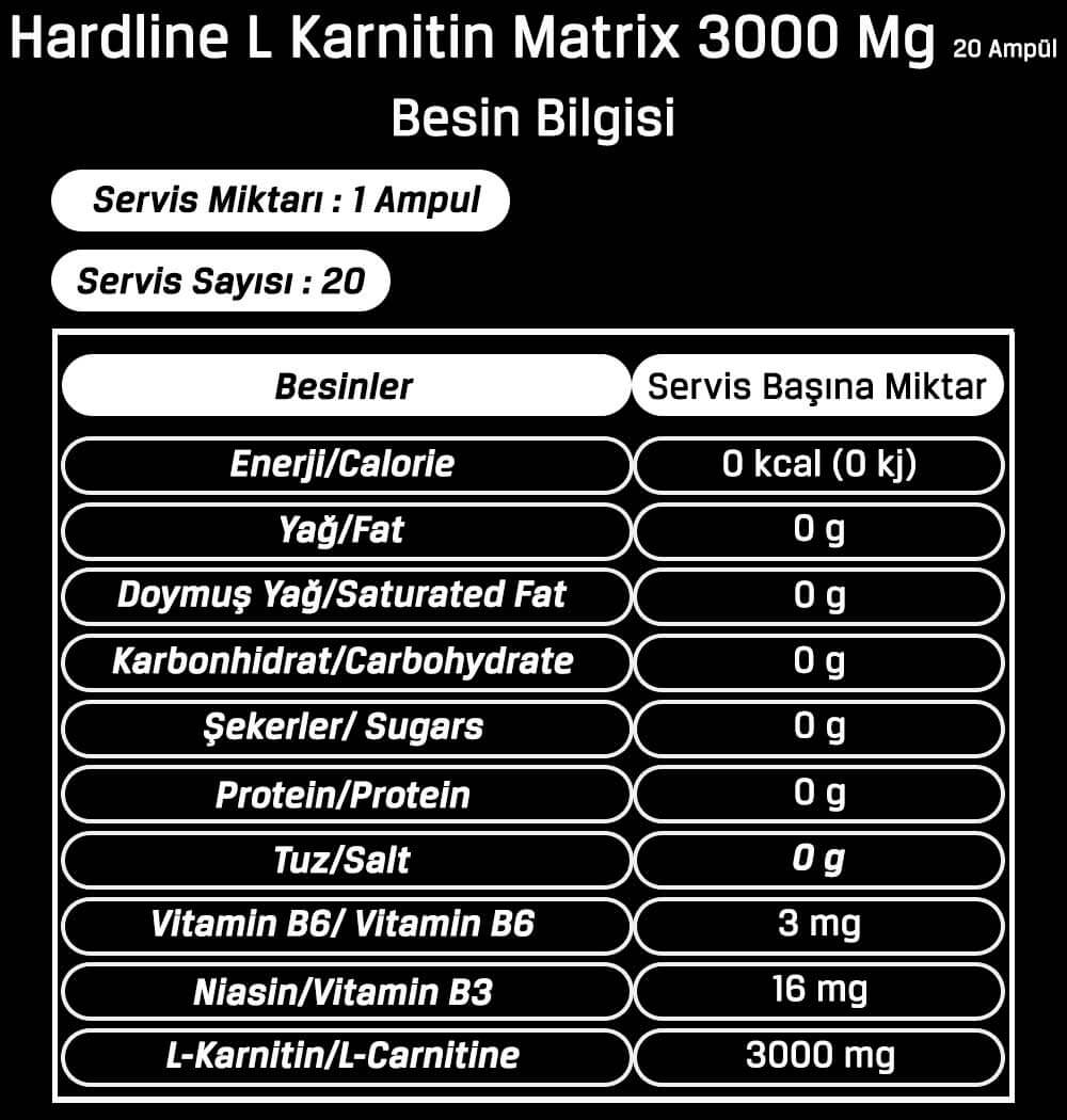 hardline l karnitin matrix 3000 mg 20 ampul besin bilgisi